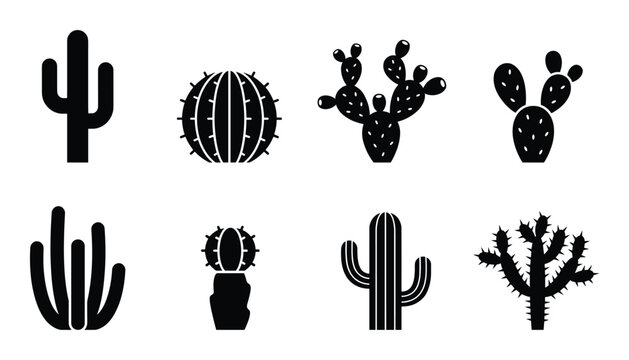Cactus silhouette icons set including saguaro prickly pear and desert succulent plant shapes vector