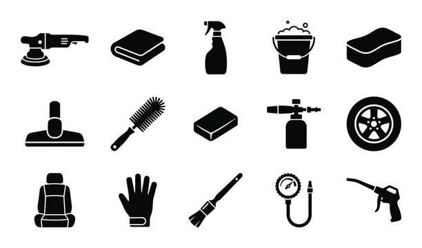 Car detailing tools icon set featuring polishing machine sponge brush bucket and cleaning equipment