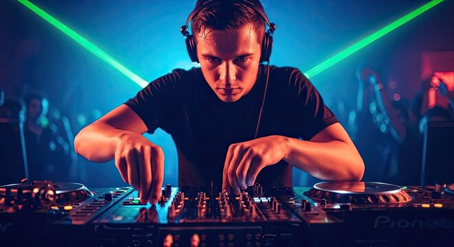 A young man is intensely focused as he operates a Pioneer DJ setup at a vibrant nightclub. He wears headphones and manipulates the controls on the mixer.