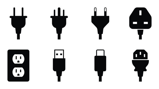 Collection of electrical plugs and sockets isolated on transparent background vector illustration