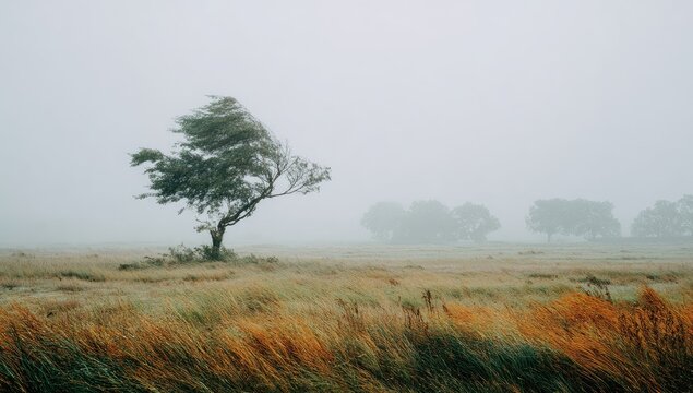 Windswept lone tree bends against a hazy, muted landscape of golden grass