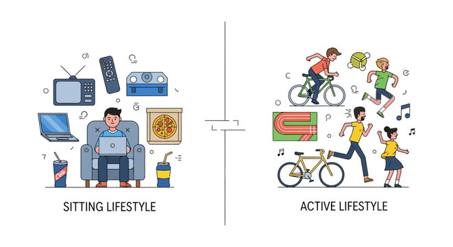 Contrast of a sedentary sitting lifestyle versus a healthy active lifestyle, emphasizing health and wellness benefits