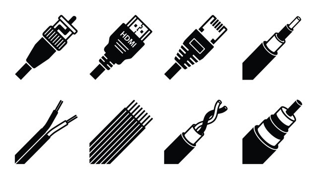 Data cable connector set including hdmi ethernet and coaxial wire icons for network communications