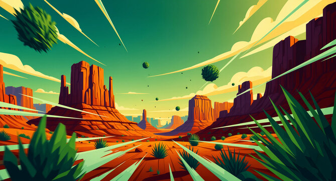 Vibrant stylized desert landscape featuring striking mesa formations under a dramatic, colorful, and energetic sky