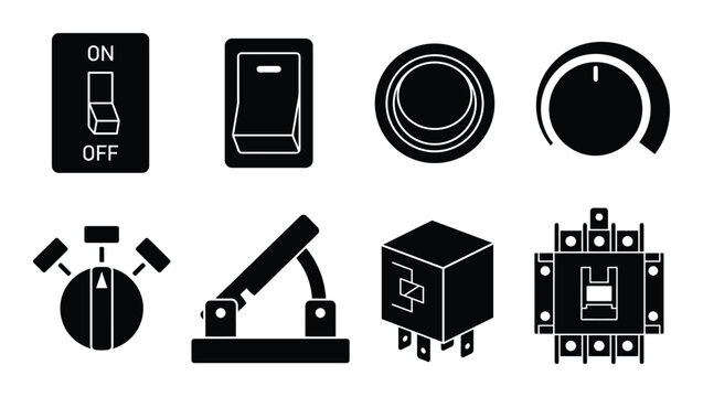 Electric switches and circuit breakers icons set for power control systems and industrial equipment