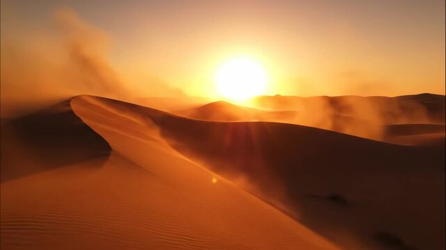 Sand dunes ripple under golden sunset light wind blowing sand across the desert landscape in warm arid evening scenery