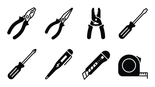 Electrician hand tool set with pliers screwdrivers wire stripper and tape measure vector silhouettes