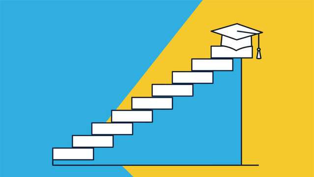 Educational career path concept showing a flight of stairs leading up to a graduation cap on a two tone background.