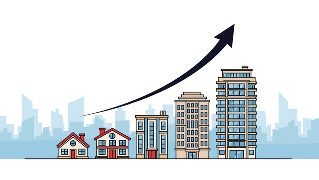Urban development progression showing small houses to tall skyscrapers under a rising black arrow representing city growth.