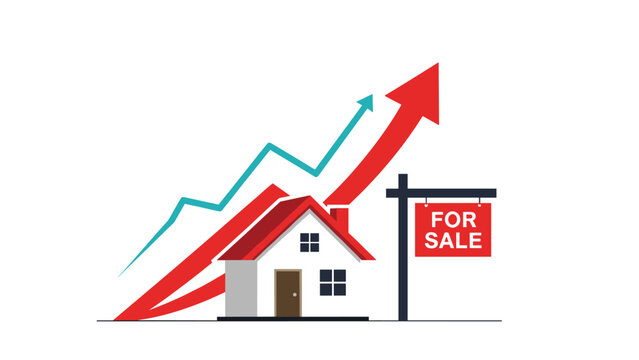 Residential property with a for sale sign and rising blue and red arrows indicating an increase in housing market demand.