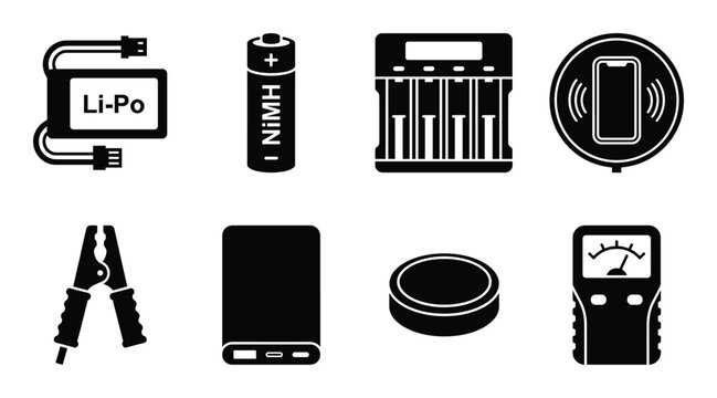 Electronic power supply and battery icons set featuring charger jumping cables and voltage tester kit