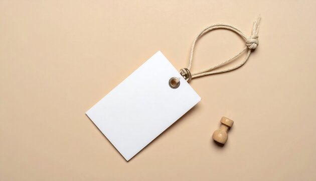 Blank White Price Tag with Twine on Beige Background.