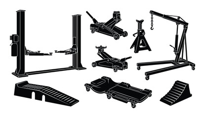 Garage and workshop equipment lifting and support tools vector icons for auto repair and maintenance on transparent background © GoDesigner
