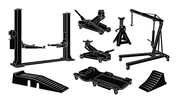 Garage and workshop equipment lifting and support tools vector icons for auto repair and maintenance on transparent background