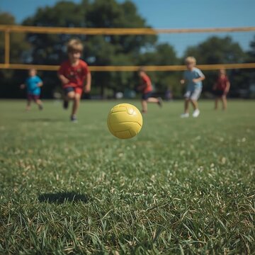 A bright yellow soft-serve ball bouncing off a spikeball net on a grassy field, with children lunging in the blurred background, highlighting youthful recreation....