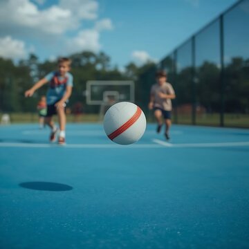 A white ball with a red stripe bouncing on a bright blue multipurpose sports court with kids running.