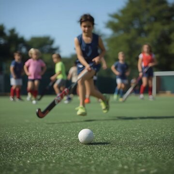 a young girl in a blue jersey playing field hockey on a green turf with teammates in the background.