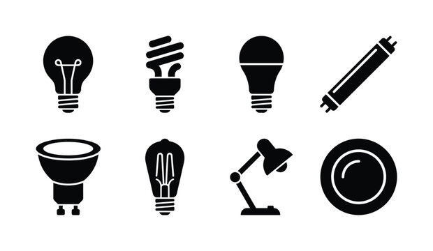Light bulbs and lamps black silhouette icons set vector illustration different types