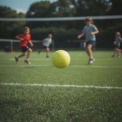 Obraz premium A bright yellow soft-serve ball bouncing off a spikeball net on a grassy field, with children lunging in the blurred background, highlighting youthful recreation...