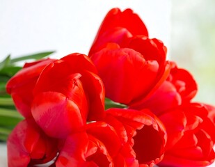 Fototapeta premium A cluster of vibrant red tulips with lush green stems