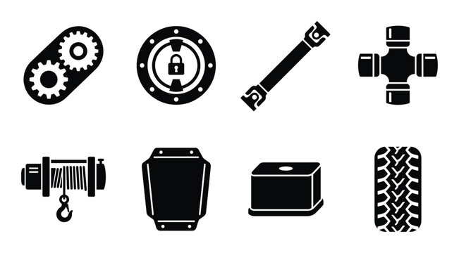 Off-road vehicle parts black silhouette icons vector illustration transfer case skid plate