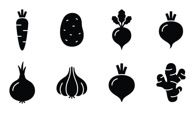 Root vegetables black silhouette icons set including carrot potato beet onion garlic and ginger root