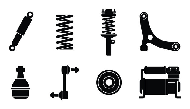 Set of automotive suspension parts including shock absorber, spring, and control arm vector