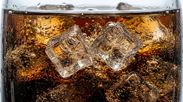 Extreme Macro of Ice Cubes in Fizzy Dark Soda with Carbonation Bubbles, Close Up of Cold Cola Drink with Condensation on Glass