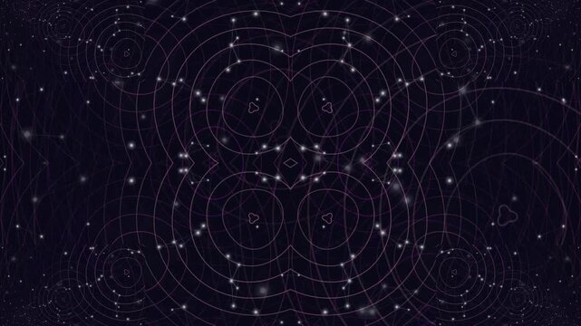 Dark background with white geometric patterns and scattered stars