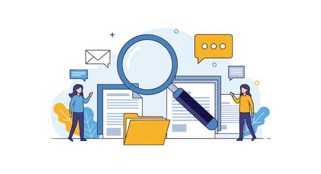 Professional team conducting document search and information investigation using a large magnifying glass over digital folders and text files.