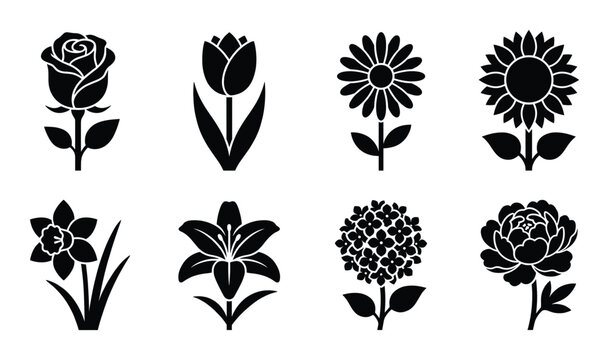 Set of eight black silhouette flower icons, rose, tulip, daisy, sunflower, daffodil, lily, hydrangea, peony