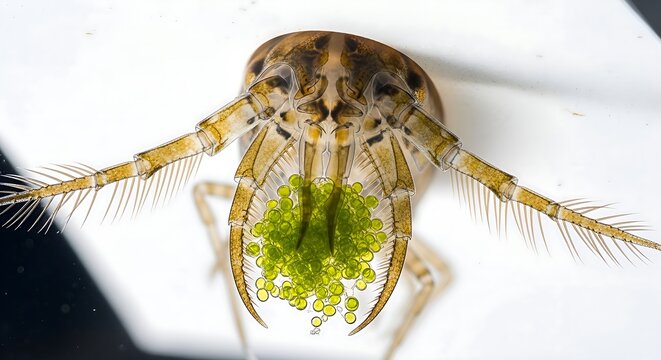 Microscopic view of a copepod crustacean carrying its egg sac