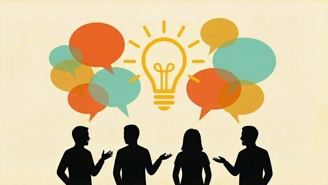 Silhouettes of people engaging in dynamic discussion leading to a bright, illuminated lightbulb representing a shared breakthrough idea or concept generation.