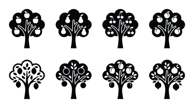 Various fruit trees silhouettes healthy food and nature concept vector illustration
