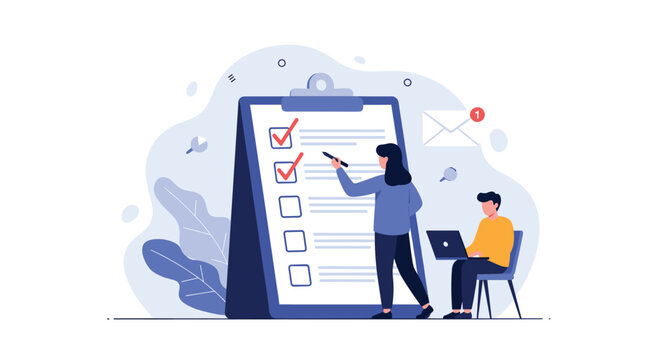 Task management and team productivity concept with a woman marking a giant checklist while a colleague works on his laptop computer.