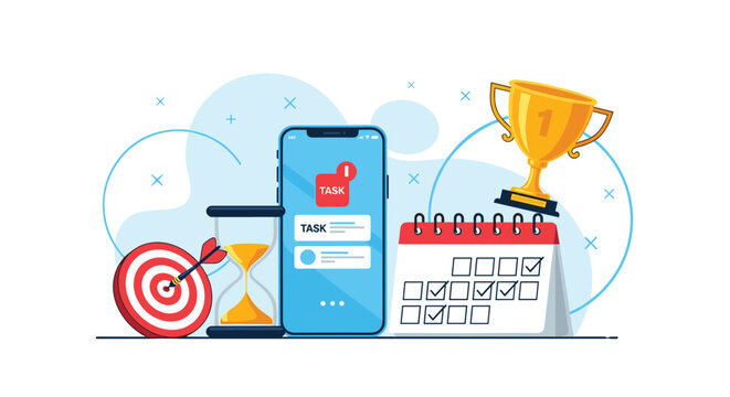Productivity and task management concept featuring a smartphone, calendar, hourglass, and target for efficient project organization.
