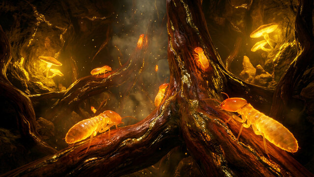 Several glowing, bioluminescent termites with translucent bodies meticulously navigate a dark, intricate subterranean root system, illuminated by radiant fungi and their own soft light, creating a