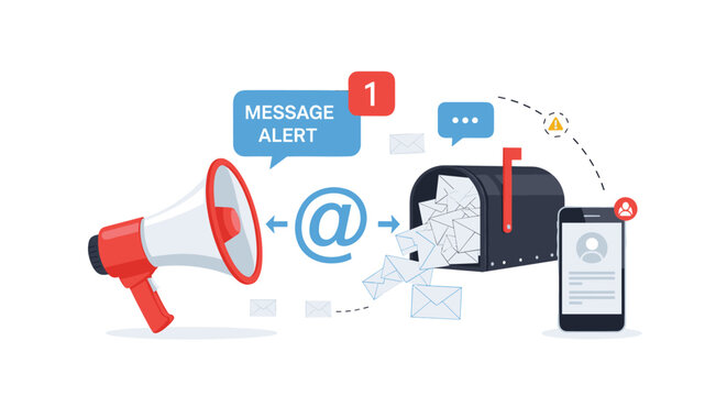 Email notification and messaging alert concept featuring a megaphone, mailbox full of letters, and a smartphone for digital connection.