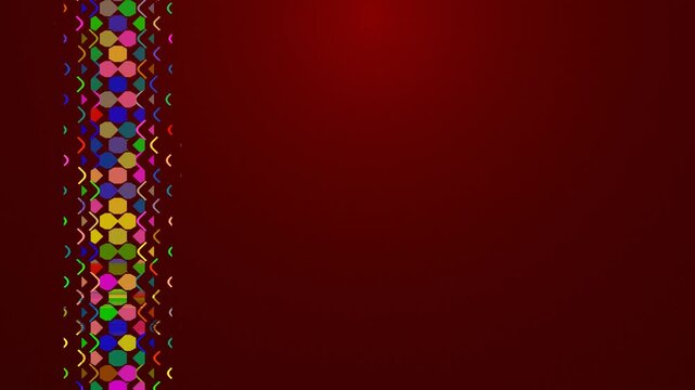 A dark red background with a colorful geometric patterned border on the left side