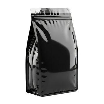 jet-black glossy reflective plastic doypack packaging pouch mockup, sharp focus, three-quarters view, isolated on a transparent high-key studio background. concept for retail branding and design