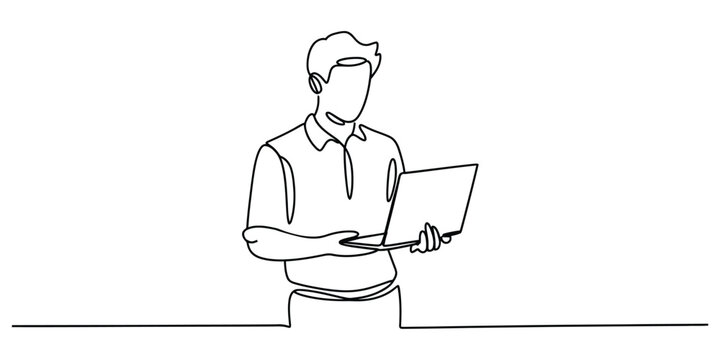 Single line drawing of a young businessman standing and working on his laptop computer