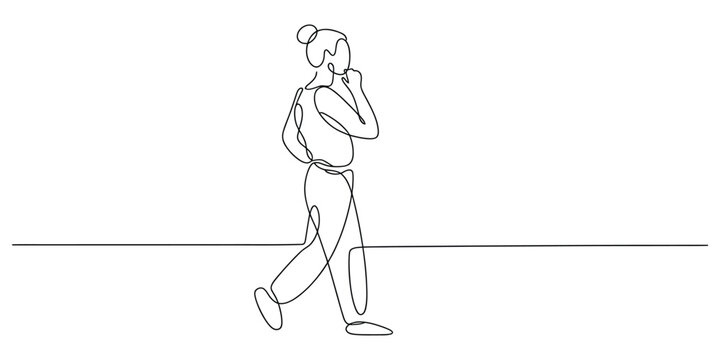 Continuous line drawing of a pensive woman walking while lost in deep thought and contemplation