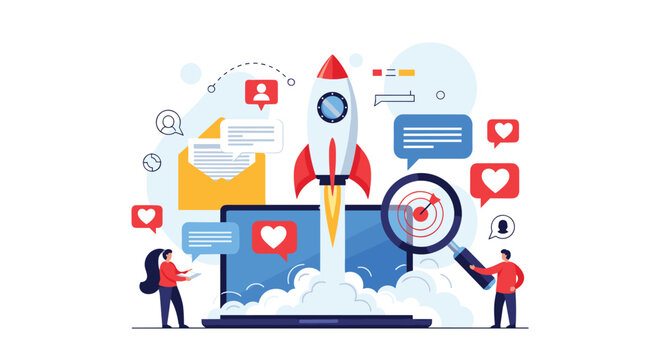 Business startup and social media launch concept featuring a rocket taking off from a laptop surrounded by various digital marketing icons.