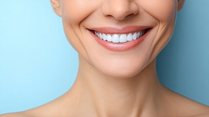 Obraz premium Close-up of healthy white teeth with clean gums against a blue gradient background. 