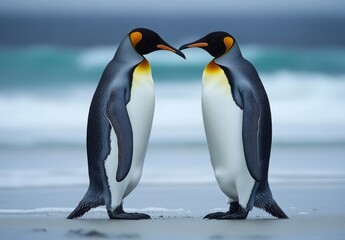 Fototapeta premium Two King Penguins Facing Each Other on Beach