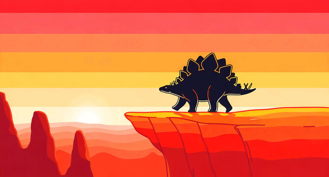 Silhouette of a Stegosaurus dinosaur standing atop a vivid cliff edge against a colorful striped sunset background