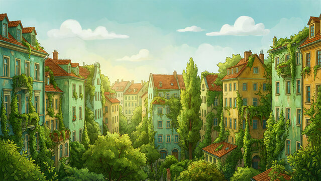 An enchanting illustrative panoramic view of a vibrant European townscape, featuring charming pastel-colored buildings with traditional red tiled roofs, heavily intertwined with lush green ivy and