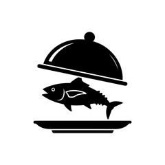 Fototapeta premium Fish served under a cloche on a plate, seafood serving icon