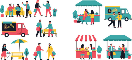 Fototapeta premium Flat Vector Illustration Set of People Shopping at Street Food Stalls Coffee Trucks and Outdoor Markets with Characters Eating Drinking and Walking
