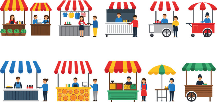 Flat Vector Illustration Set of Street Food Stalls and Market Kiosks with Vendors Serving Customers and Colorful Striped Awnings for Commercial Design